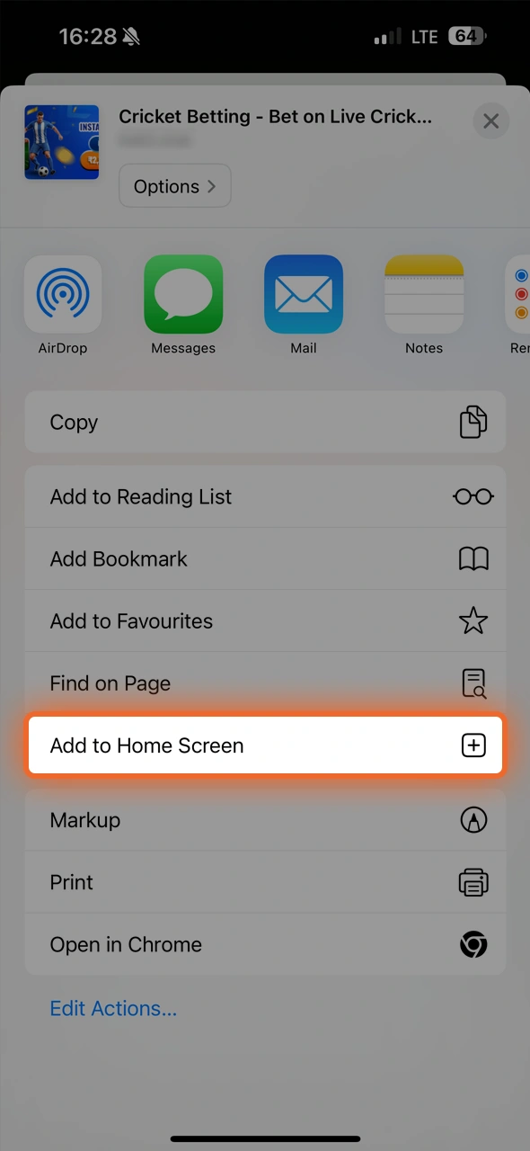Choose 'Add to Home Screen' to create a quick-access shortcut for IndiBet.