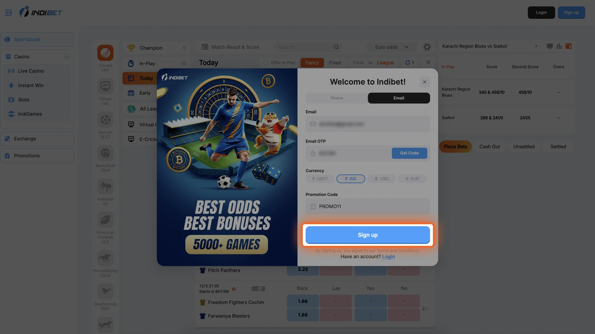 Complete your sign-up by clicking the final confirmation button on the Indibet page.