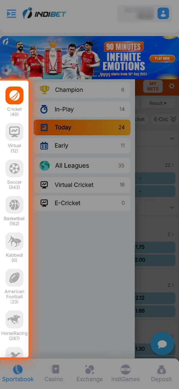 Navigate to the Sportsbook and select your favorite athletic event.