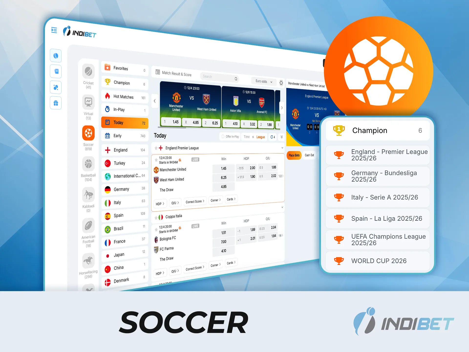 Feel the adrenaline of every goal and tackle by betting on soccer at IndiBet.