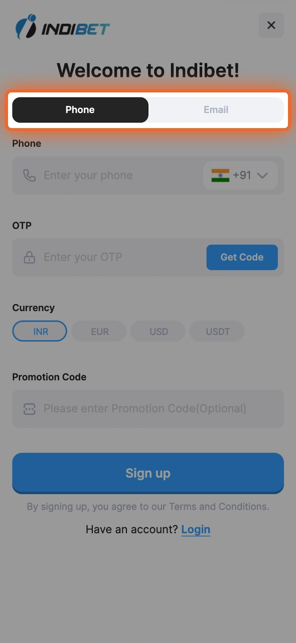 Pick whether you'd prefer to register using your email or phone.